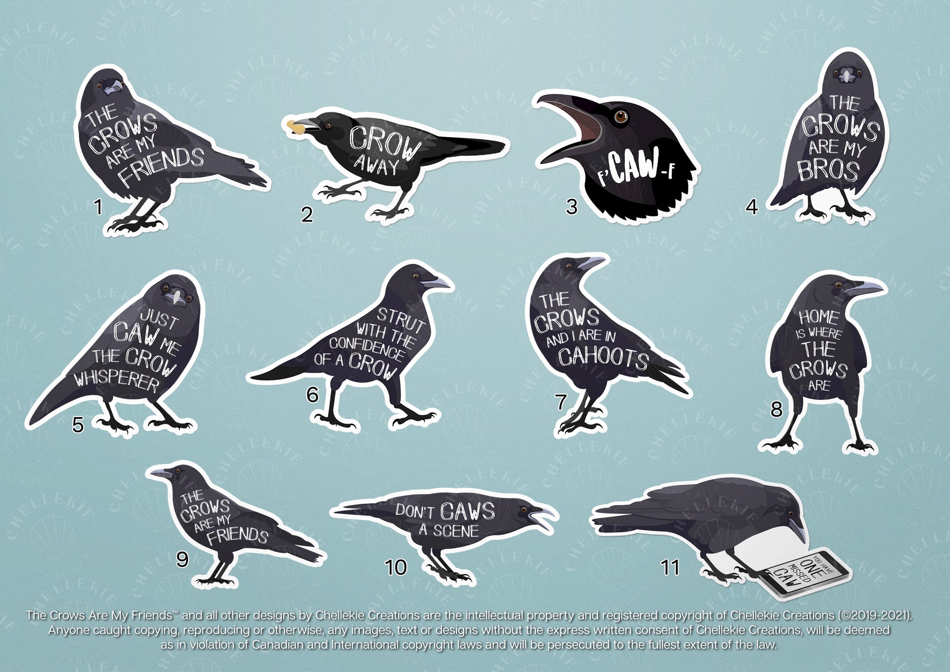 "Crow Friends" Set of 11 Vinyl Stickers - Chellekie Creations